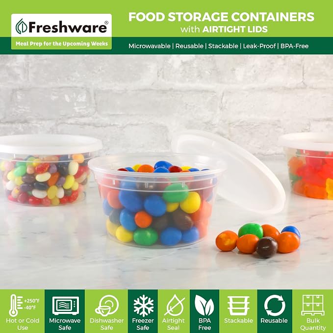 Freshware Food Storage Containers [50 Set] 12 oz Plastic Deli Containers with Lids, Slime, Soup, Meal Prep Containers | BPA Free | Stackable | Leakproof | Microwave/Dishwasher/Freezer Safe - Image 2