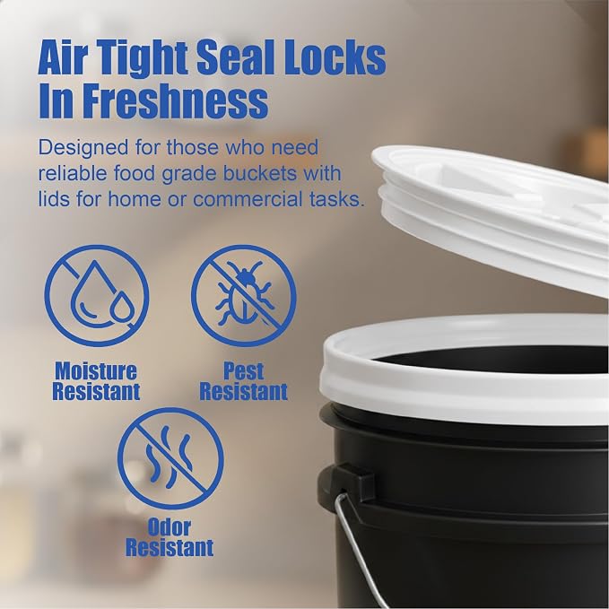 5 Gallon Bucket - Food Grade w/Lid BPA-Free, Black/White, 3 | Airtight Gamma Seal Screw-On Lid, Heavy-Duty 90 Mil HDPE Plastic, Food Safe and Durable Container, Bulk Storage, Made in USA - Image 5
