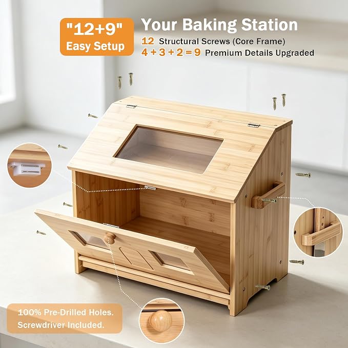 Large Bread Box for Homemade Bread: 9.1" Deep 2-Tier Fits 95% of Artisan | Countertop Storage Fit 2 Big Loaves & Multiple Pastries - Farmhouse Bamboo Contaniner with Cutting Board & Knife Holder - Image 8