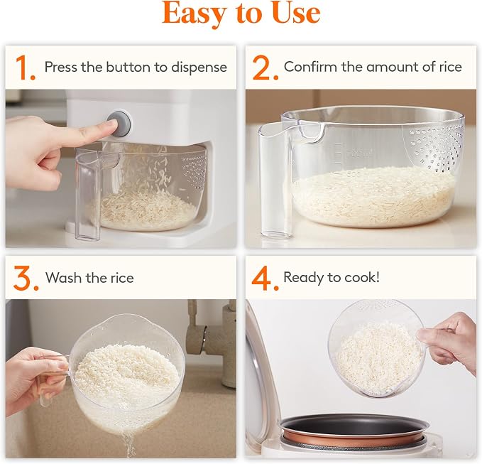 Lifewit Rice Dispenser 25 Lbs, Airtight Storage with Cup, 2 Pack White | BPA-Free 11.3kg Capacity Storage Container for Beans, Corn & Other Small Grains, One-Press Dispensing Bin for Kitchen Pantry - Image 8