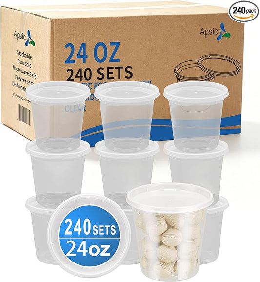 Plastic Deli Containers with Lids, 240 Sets 24 oz Leakproof Soup Cups | BPA-Free, Microwave Freezer Safe, Sturdy and Airtight, Crack-Proof for Takeout, Meal Prep, Slime, Leftovers Storage by Apsic