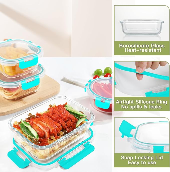 BAYZZ 30 Piece Glass Food Storage Containers Set, Glass Meal Prep Containers with Lids, Airtight Lunch Box, BPA-Free, Microwave, Freezer & Dishwasher Safe,Green - Image 2
