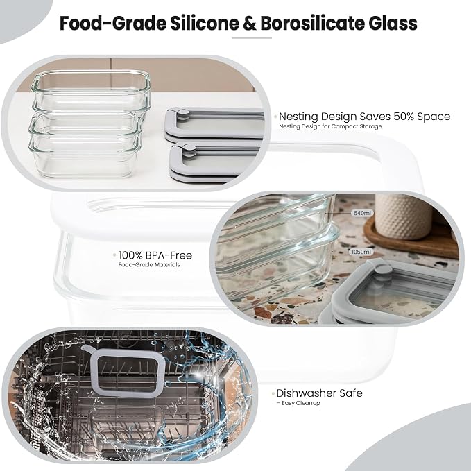 Taree Glass Food Storage Containers with Glass Silicone Lids,22/35oz,Grey | Meal prep,office lunches&eftover storage,borosilicate glass,microwave safe reheating with steam vent,BPA free,dishwasher safe - Image 5