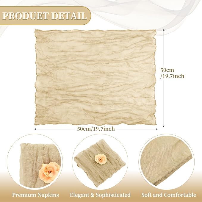 fani 100 Pack Gauze Cheesecloth Napkins, 20 x 20 in, Beige | Wrinkled Table Napkins, Soft Cotton, Rustic Decorative, Weddings, Party, Dinner Table, Everyday Use - Image 2