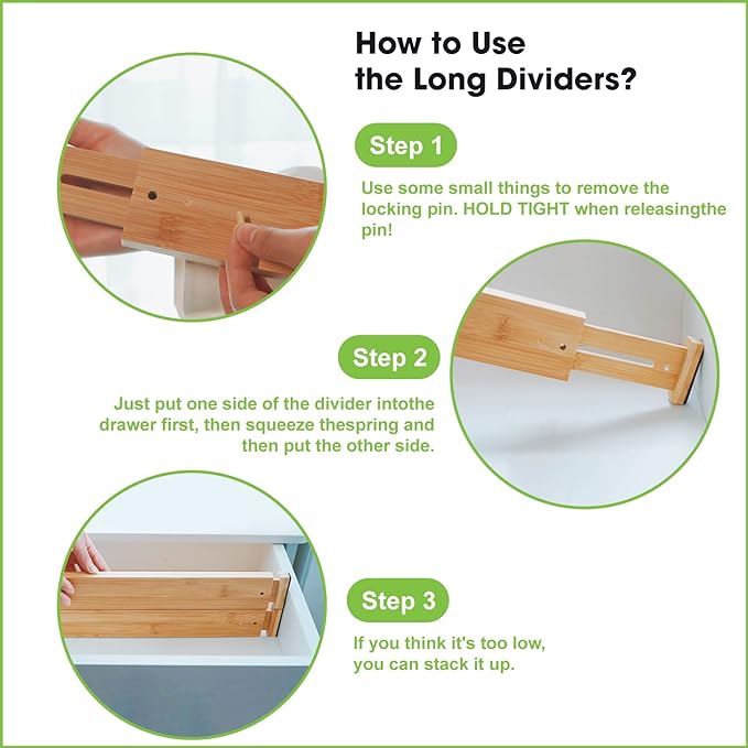 Bamboo Drawer Dividers Organizers 16pcs, Expandable Drawer Separators Splitter, 17-22 inches Long Adjustable Spring-loaded Organizer for Large Utensil, Clothes, Tools Drawers (8+8) - Image 6