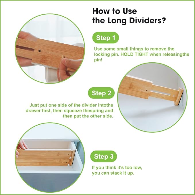 Bamboo Drawer Dividers, Expandable Drawer Separators Splitter, 17-22 inches Adjustable Spring-loaded Organizer for Large Utensil, Clothes, Tools Drawers, 6 Pack Dividers + 4 Pack Baffle - Image 4