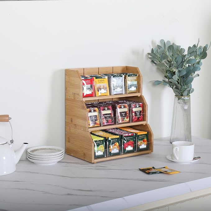 3-Layer Stackable Bamboo Tea Bag Organizer Storage Holder, Natural | Holds 260 tea bags, Removable Compartments, Wood, Acrylic dividers, 12.2 x 7.5 x 13.8 in, for Cabinet, Countertop, Office - Image 6