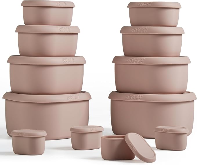 ISSEVE 12Pcs/Set Nesting Silicone Food Storage Containers with Lids | BPA-free, Reusable, Meal Prep Containers, Small Freezer Portions, Dishwasher Cleaning, Nested Cabinet Storage, 5 Sizes, Pink by ISSEVE