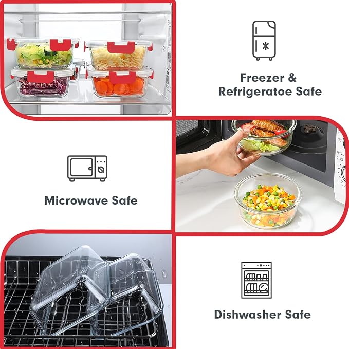 VERONES 30 Pieces Glass Food Storage Containers Set with Lids, Red | Stackable Glass Meal Prep Containers Set with Lids, Airtight Lunch Containers, for Microwave, Oven, Freezer & Dishwasher - Image 3