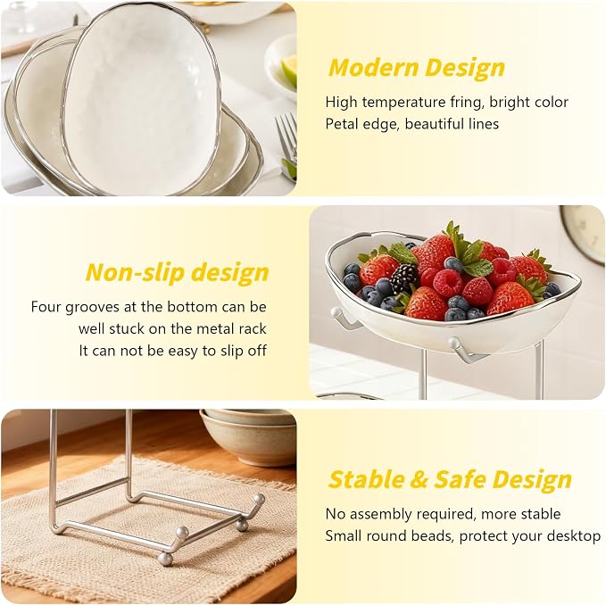 2 Tier Ceramic Fruit Bowl for Kitchen Counter with Metal Rack, Fruit Basket with Stand, Porcelain Bowls for Vegetable Bread Candy Snack Nuts Dessert Cake Tray (Silver 2 layer) - Image 6