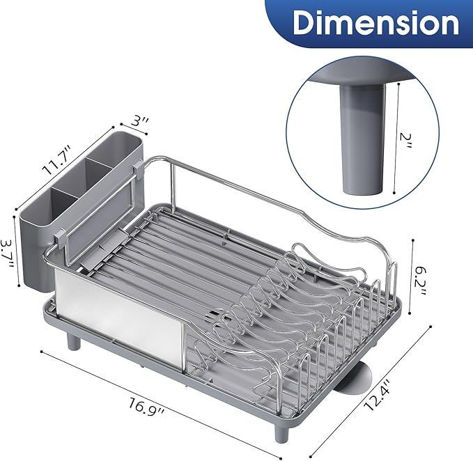 Urackify Stainless Steel Dish Drying Rack for Kitchen Counter, 16.9" x12.4" | Rustproof dish rack with utensil holder, 16.9" L x 12.4" W Large Capacity, Dish Drainer for Plates Dishes Sliverware, Grey - Image 7