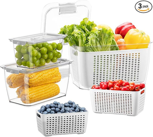 LUXEAR Fresh Container, 3PACK Produce Saver Container BPA Free Fridge Organizer for Vegetable Fruit and Salad Partitioned Food Storage Container with Vents Stay Fresh Containers Not Dishwashers Safe by Luxear