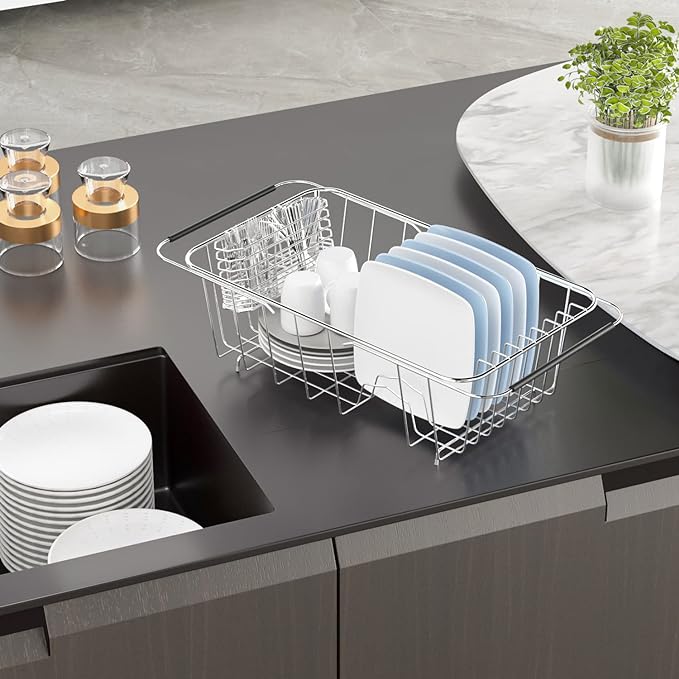 JAQ Over Sink Dish Drying Rack for Small Sink, Compact Expandable 14.25"–22.44", Adjustable 304 Stainless Steel Dish Drainer with Utensil Holder, Space Saving for Small Kitchen - Image 5
