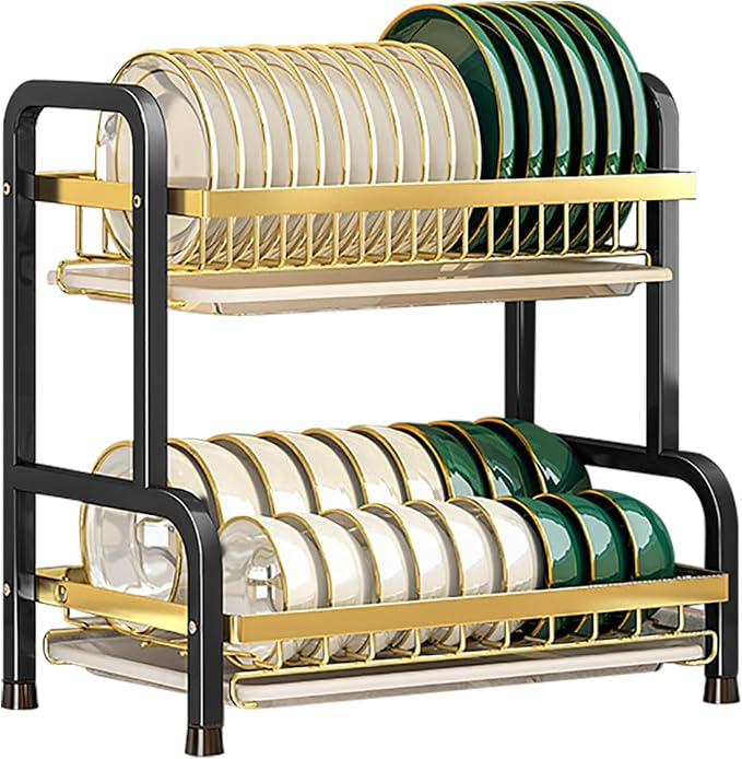 CAKERS Dish Drying Rack with Removable Drain Tray|Carbon Steel Dish Strainers for Kitchen Counter|Tableware Holder Dinnerware Drainer Organizer,Black Gold,2 Tier-Main Shelf by CAKERS