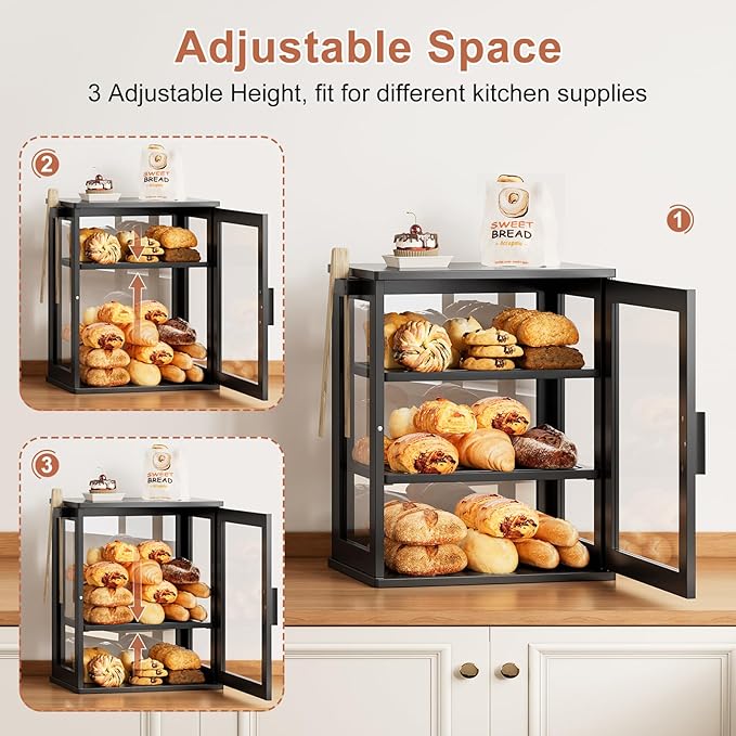 WOWLIVE Bread Box for Kitchen Countertop, 3 Layers Bread Storage Container | Large Bamboo Bread Bin for Homemade Bread with Window, Farmhouse Breadbox Organizer for Kitchen, Cabinet, Black, Meduim - Image 7