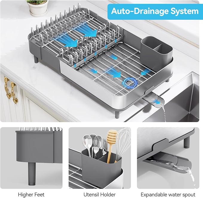 Urackify Stainless Steel Dish Drying Rack for Kitchen Counter,Grey | Extends to 20.67'',Expandable & Foldable,Rust-Resistant,Rotatable Drain Pipe & Utensil Holder,Dish Drainer For 2-4 People - Image 6