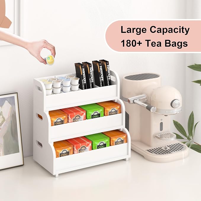 3-Tier Bamboo Tea Box Rack with Removable Dividers, Wall Mount Large Capacity for Pantry Drawer Cabinet Kitchen Office Coffee StationTea Bag Organizer, Stackable Tea Holder for Countertop, White - Image 5
