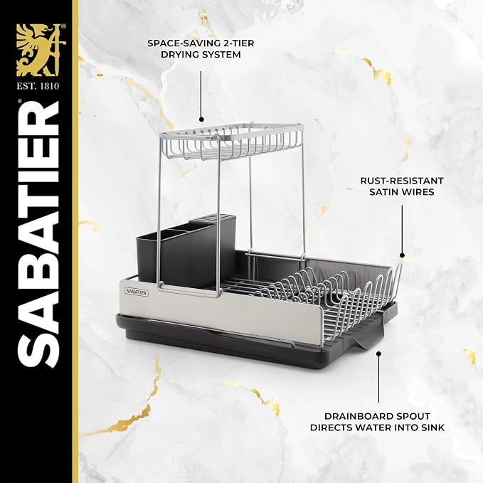 Sabatier Compact 2-Tier Dish Drying Rack with Flatware Caddy and Knife Insert - Stainless Steel Dish Rack for Kitchen Counter, Space-Saving Drainer with Drainboard Spout - Image 5