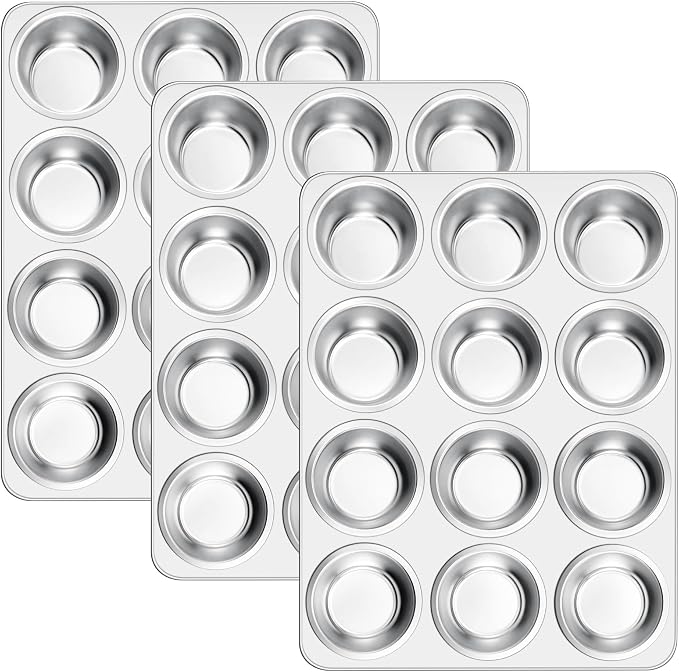E-far Muffin Pan 12-Cup, 3-Pack Stainless Steel Cupcake Pan for Oven | Non-Toxic Metal Muffin Tins for Baking Muffins & Cupcakes, Regular Size & Easy Clean, Dishwasher Safe by E-far