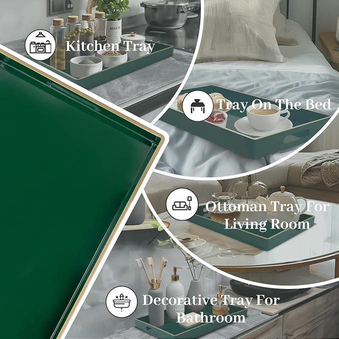 Dark Green Decorative Tray for Ottoman, Serving Tray with Handles | Plastic Coffee Table Tray, Modern Melamine Tray, Rectangle Countertop Organizer Tray for Living Room, 15.8"L x 10.2"W x 1.4"H - Image 7
