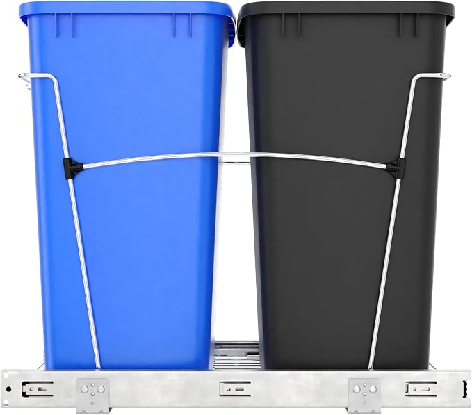 Rev-A-Shelf Double Pullout Garbage Trash Cans for Kitchen Cabinets, 35 Qt | Large Capacity Waste/ Recycling Bins, Heavy Gauge Wire Construction, with Full Extension Slides, Blue/Black, RV-18KD-2218C-S - Image 8