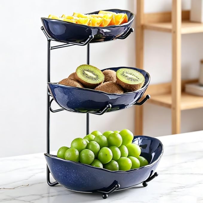 3 Tier Ceramic Fruit Bowl for Kitchen Counter | Tiered Fruit Basket for Countertop, Serving Tray for Food, Vegetable, Cake, Dessert in Party(Dark Blue) - Image 5
