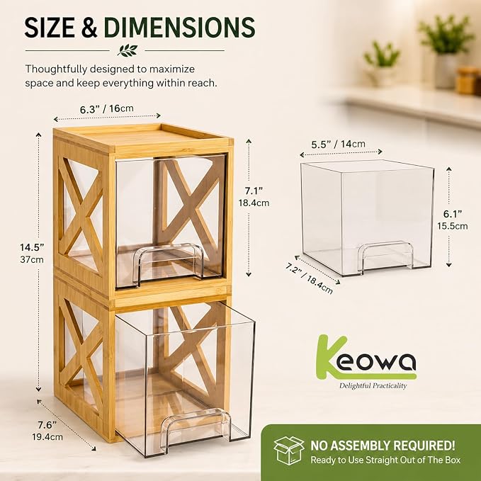 Bamboo Pantry Drawer Organizer, Stackable Pull-Out Storage Bins, 2-Pack | Countertop organizer, snack storage, coffee pod holder, pantry organization, kitchen storage - Image 3