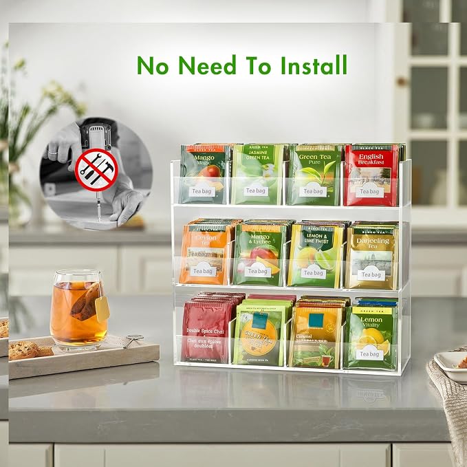 BEYGORM Acrylic Tea Bag Organizer for 216 Tea Packets | No Assembly Required Display Holder for Countertop, Vertical Tea Bag Caddy for Cabinet, Tea bar Accessories, Teabags Storage - Image 3