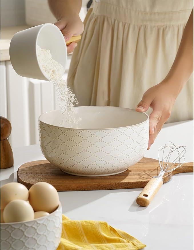 Mikiegy Ceramic Mixing Bowls Set of 4, Nesting Ceramic Embossment Stoneware Mixing Bowls for Cooking, Serving, Popcorn, Salad etc, Microwave & Dishwasher Safe, 20/44/98/145 oz, Off-White - Image 6