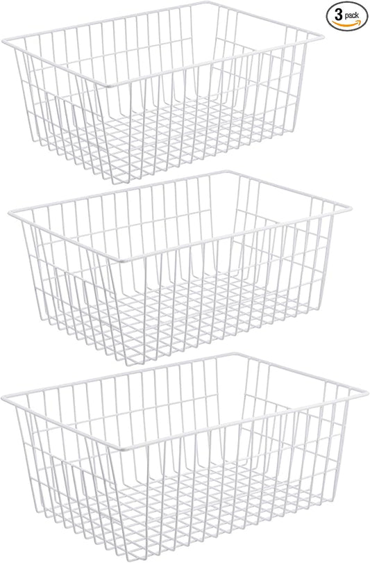 Wire Freezer Stroage Baskets, 13.4 inch Set of 3 Farmhouse Storage Bins Basket Freezer Storage Organizer Bins with Handles for Kitchen Cabinets, Pantry, Closets, Bedrooms, Bathrooms- White by iPEGTOP