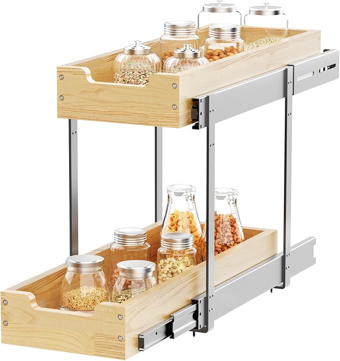 Sikarou Wood Pull Out Cabinet Organizer 2 Tie 9" W x 21" D, Heavy-Duty Sliding Drawers for Inside Cabinets Storage and Organization for Kitchen, Pantry, Bathroom - Image 8