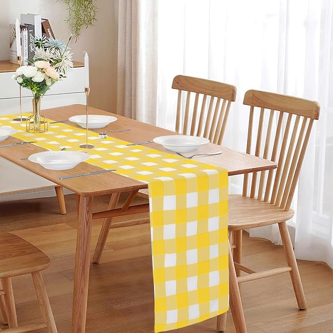 Cupuamon Fabric Checkered Table Runner 1 Pack Waterproof Gingham Table Runner 14W x 108L Buffalo Check Table Runners for Parties Kitchen Dining Wedding Banquet (Yellow and White) - Image 6
