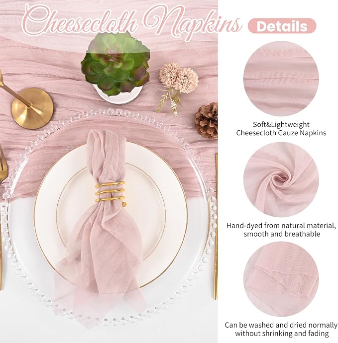 50 Pack Dusty Pink Cloth Napkins 20x20Inch Cheesecloth Napkins | Elegant Cloth Napkins for Table, Washable Rustic Boho Gauze Napkins, for Wedding Party Bridal Baby Shower Dinner Table Decor - Image 3
