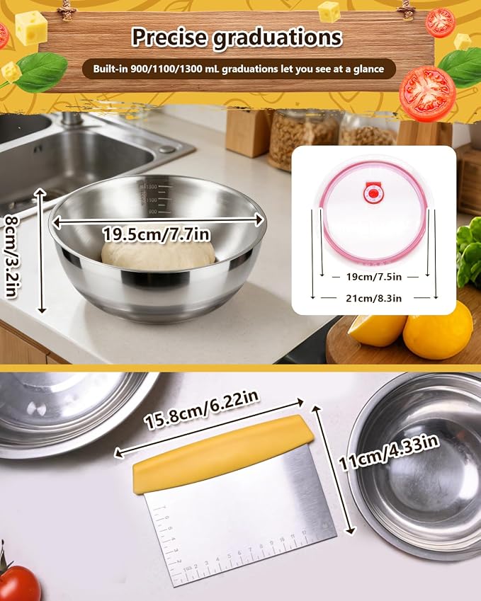 3 Pack Pizza Dough Proofing Container, 44oz/1300ML Stainless Steel Proofing Box with Clear Airtight Lid, Stackable Fermentation Storage for Dough Balls & Bread, Includes Cutter - Image 5