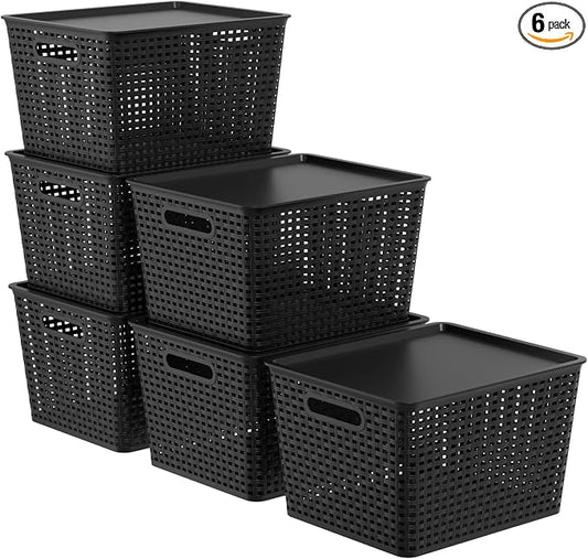 Plastic Organizing Basket with Lid, Woven Storage Basket Set of 6 | Black, Stackable by Innouse