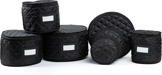 Covermates Keepsakes Dish Storage Set – Padded China & Dinnerware Storage Cases with Dividers, Cup & Stemware Storage, Quilted Polyester Protection, ID Window, Black by Covermates
