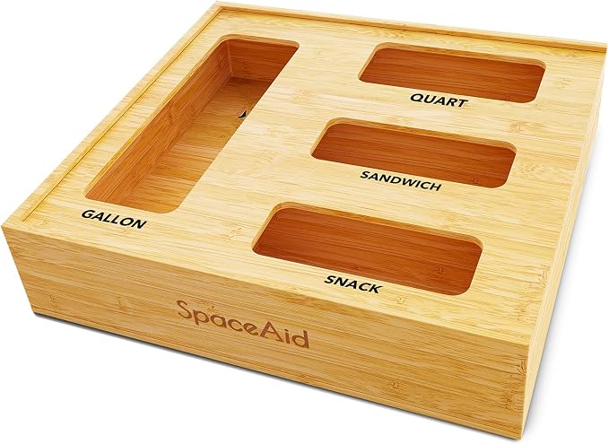 SpaceAid Bag Storage Organizer for Kitchen Drawer, Bamboo Organizer, Compatible with Gallon, Quart, Sandwich and Snack Variety Size Bag (1 Box 4 Slots), 2.5" High by SpaceAid