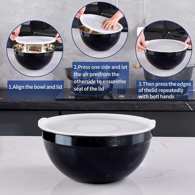 Black Mixing Bowls With Airtight Lids,Stainless Steel Bowl,Salad Bowls 7 Piece Colorful Nesting Bowl Black Kitchen Accessories,Size 7,3.6,2.7,2.1,1.5,1.1,0.8QT Stackable Design - Image 3
