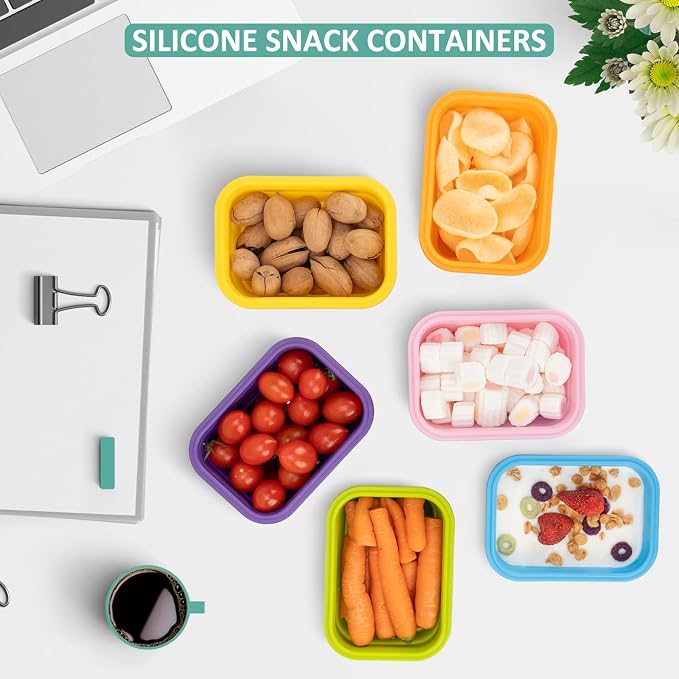 Reusable Silicone Snack Sontainers with Lids, 14oz, Small Collapsible Food Storage Containers for Meal Lunch Small Portion, Stackable, Space Saver for RV, Travel, Microwave Dishwasher Safe, 6 Pack - Image 3