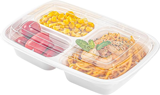 Asporto 26 Ounce Compartment Take Out Boxes, 50 Microwavable Meal Prep Containers - 3 Compartments, With Clear Plastic Lids, White Plastic Food Containers, Do Not Contain BPA - Restaurantware - Image 9