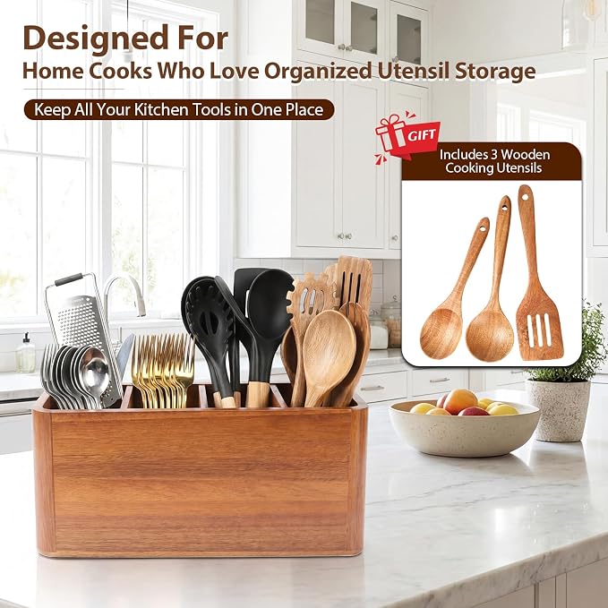 Kitchen Utensil Holder for Counter and Countertop, Acacia Utensil Organizer with 3 Pcs Wooden Spoon Set, Large Drying Holder for Kitchen, 4-Compartment Storage for Cooking Utensils, Kitchen Decor - Image 3