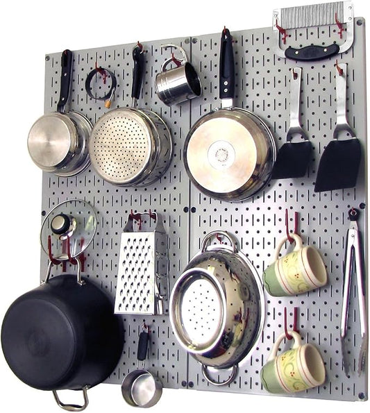 Wall Control Kitchen Pegboard Organizer Pots and Pans Storage Rack Organization Kit with Grey Pegboard and Red Accessories by Wall+Control