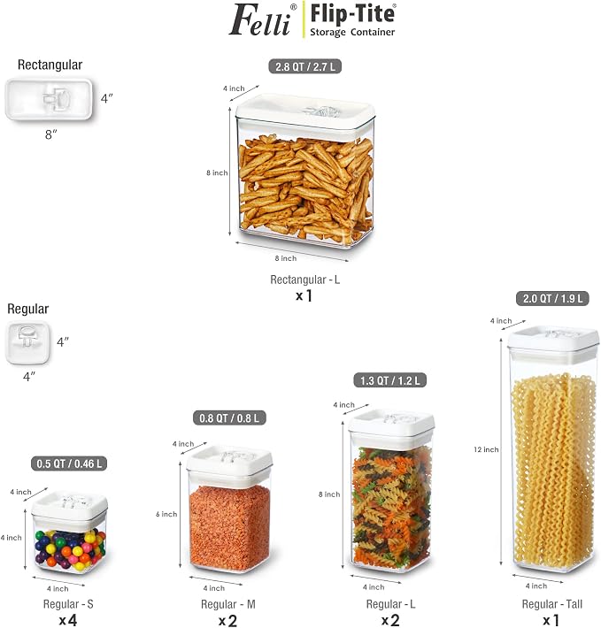 Felli Flip Tite Storage Container with 4 Inch Lid SQUARE & RECTANGLE, Air Tight Ring Seal Top Clear Acrylic Canister Jar, Spice Pasta Cereal Snack Pantry Organizer, Gift Set for Women (10pk, Variety) - Image 4
