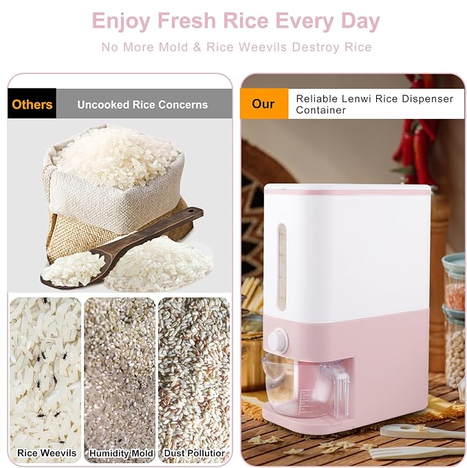 Rubtlamp 22.5-25 Lbs Pink Rice Dispenser, Rice Storage Container, Pink Rice Storage Container with Measuring Cup, Rice Holder Bucket for Household Kitchen Rice Soybean Corn - Image 7