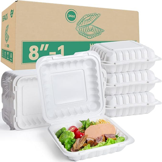 8 Inch 34oz 55-Pack White Food Containers - Shrink Wrap No Pre-Wash | BPA Free Sturdy Reusable | Microwave, Freezer & Dishwasher Safe for Leftovers, Meal Prep, Takeout & Catering Disposable Box by LEOBOX