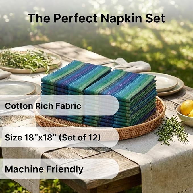 LFH Home Cotton Rich Cloth Salsa Napkin Set of 12 Washable Soft Durable Striped Table Napkins for Dining Wedding Daily Use Reusable Eco-Friendly Fabric Napkins for Elegant Settings(18x18)-Violet Multi - Image 2