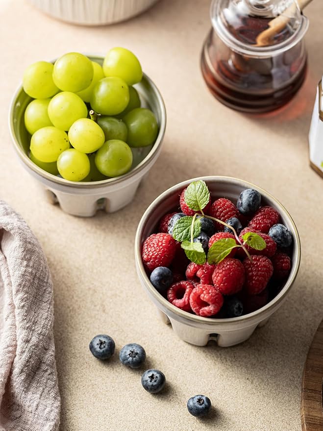 Gomakren Ceramic Berry Bowl Set of 2, Small Fruit Basket Colanders, White | Drain Holes Keep Berries Fresh, Stackable, Wash & Serve, Round Strawberry Basket for Fridge Kitchen Counter, Lovely Home Gift - Image 7