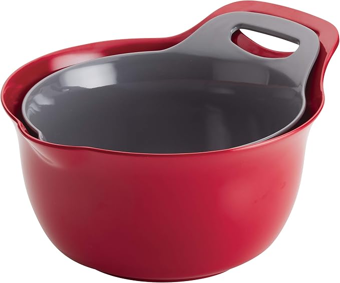 Rachael Ray Tools and Gadgets Nesting / Stackable Mixing Bowl Set with Pour Spouts and Handle - 2 and 3 Quarts, Red and Gray - Image 2