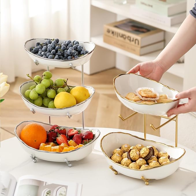 Ceramic Fruit Bowl for Kitchen Counter - 3 Tier Fruit Basket with Metal Stand, Tiered Fruit Stand for Countertop, Snack, Nuts, Cake, Dessert, Small & Cute (Silver-rimmed) - Image 7