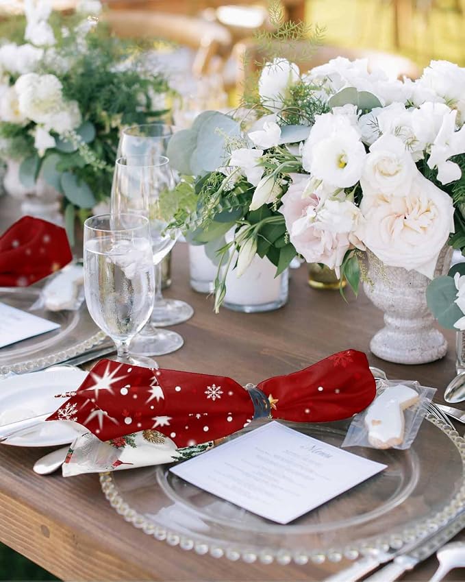 Red Christmas Snowman Dinner Cloth Napkins Set of 8, Xmas Trees Snowflake Snow Washable Cocktail Cloth Napkins, Winter Holiday Reusable Table Napkins for Wedding Holiday Party, 20 x 20 Inch - Image 3